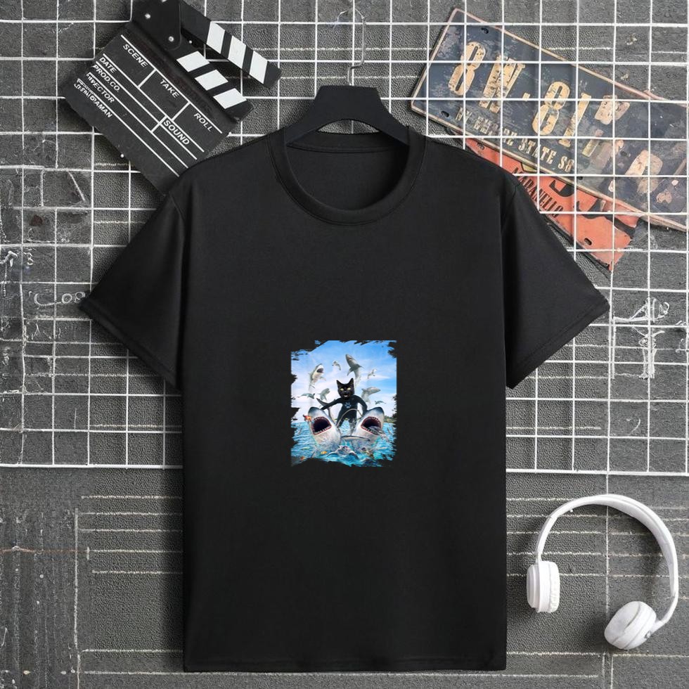 Black Cat Riding Shark Sharks At Beach Ocean Funny T-Shirt